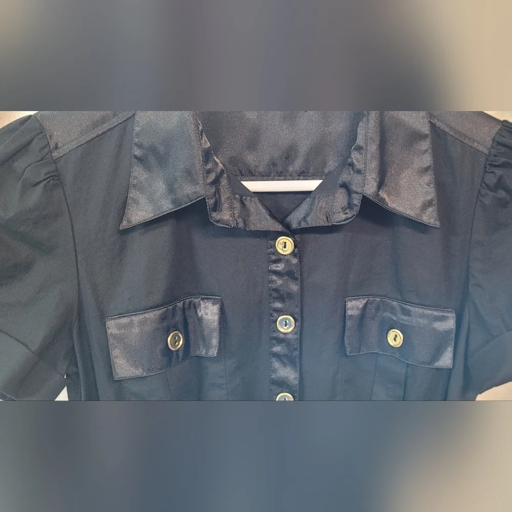 Black w/gold Button Down Fitted Dress, Size 3, Utility Safari Cargo Workwear - Picture 5 of 6